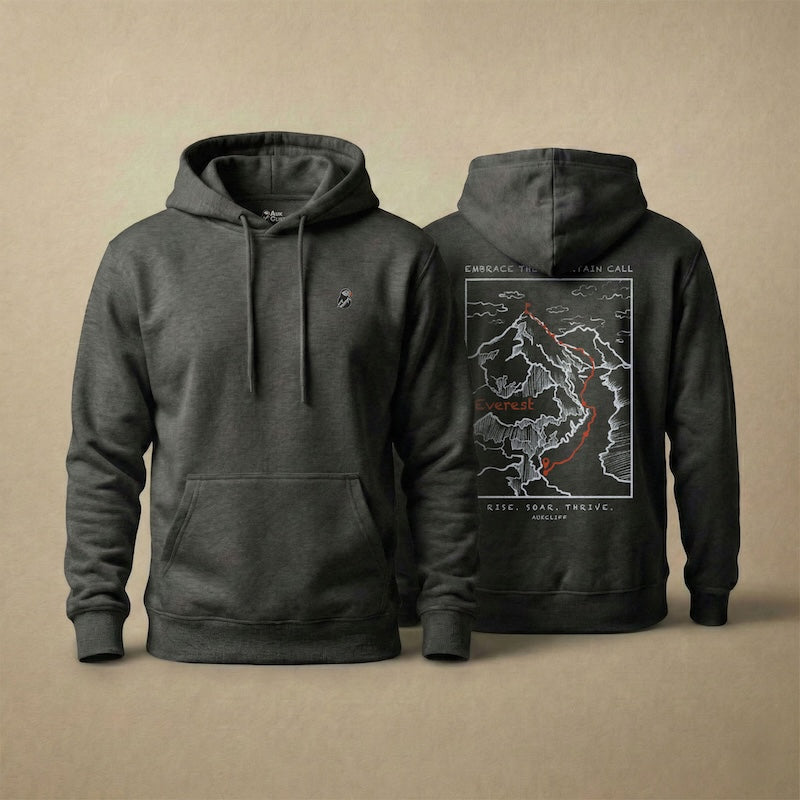 AukCliff Everest hoodie in Charcoal Heather, hand-drawn summit-route line art across the back