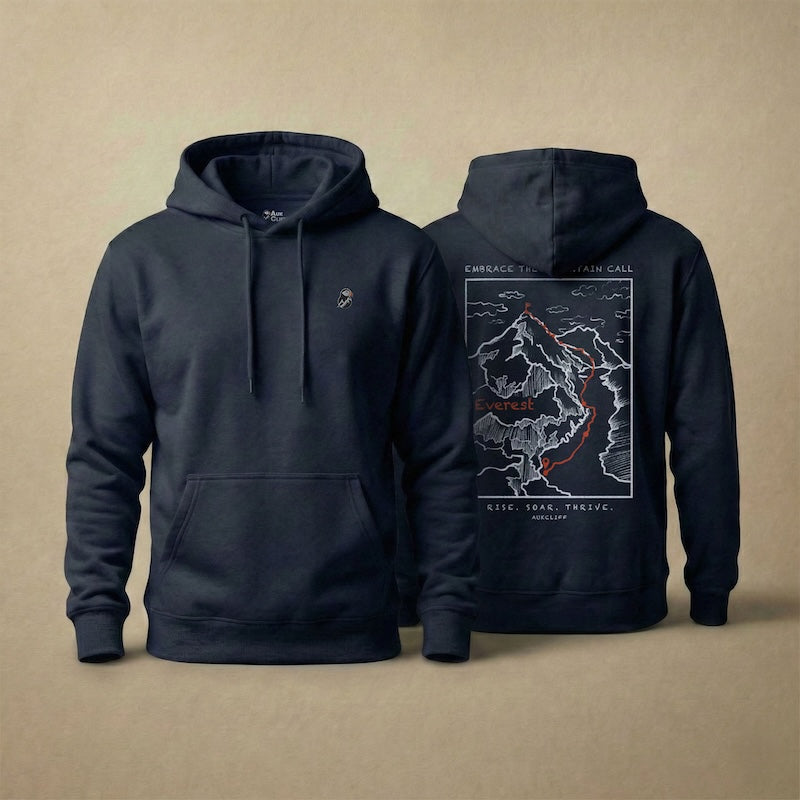 AukCliff Everest hoodie in Navy, hand-drawn summit-route line art across the back