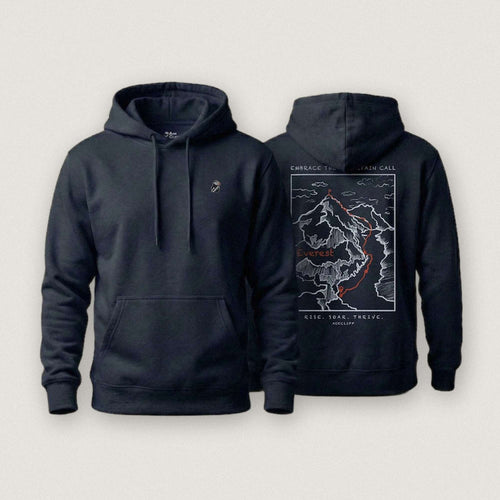 AukCliff Everest hoodie in Navy, summit-route line art across the back