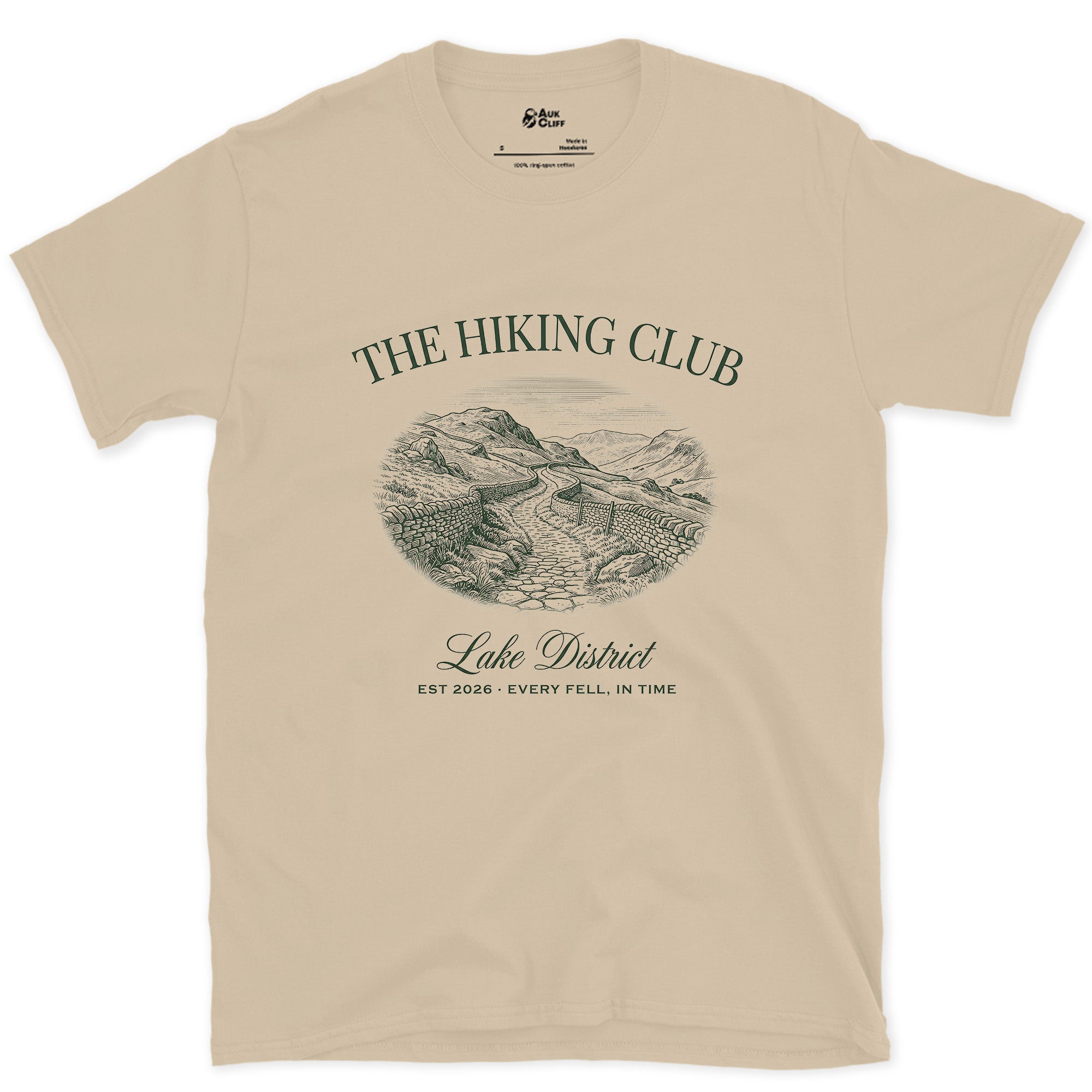 Every Fell in Time, Lake District design on a Sand Gildan Softstyle t-shirt