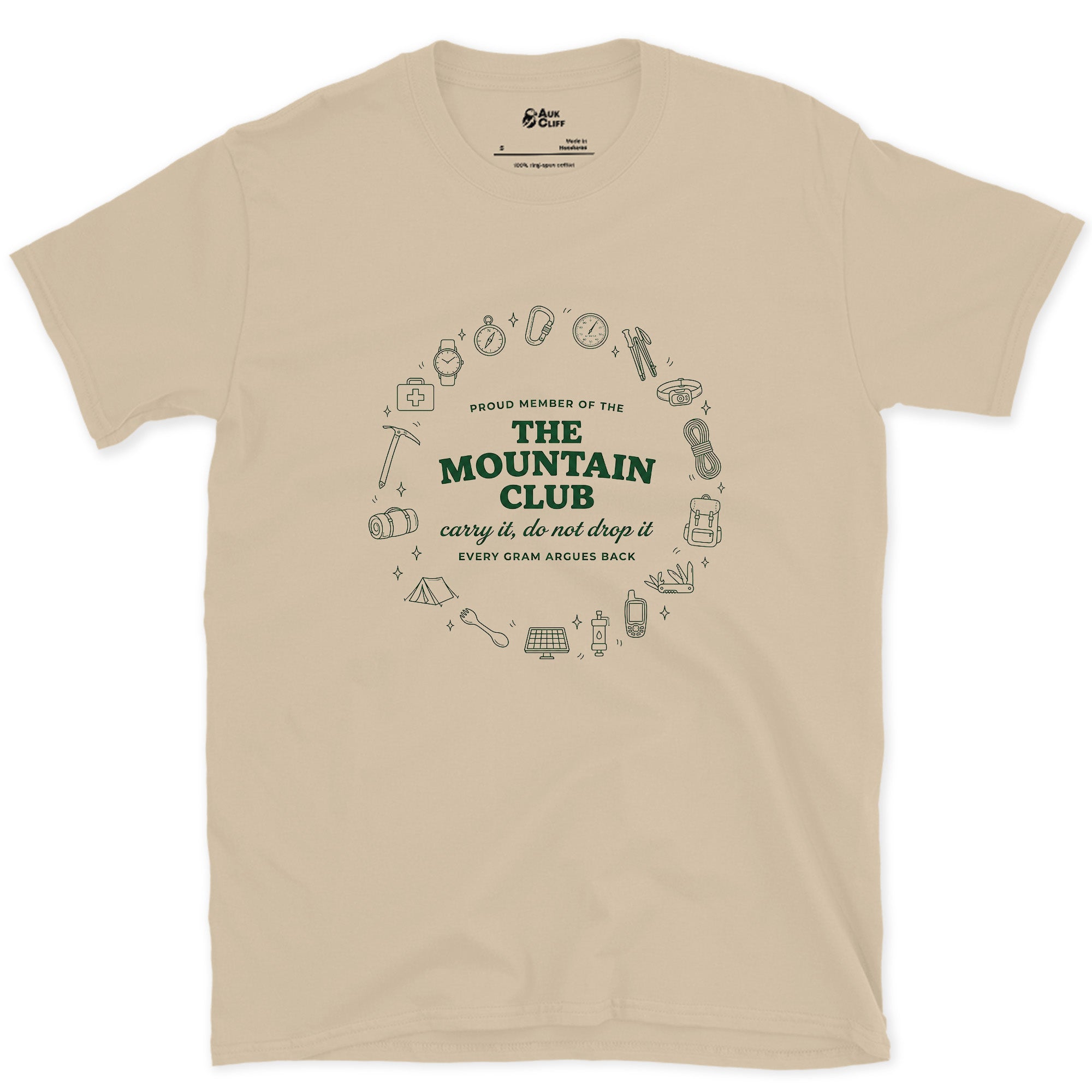 Carry It, Do Not Drop It, the Mountain Argues Back design on a Sand Gildan Softstyle t-shirt