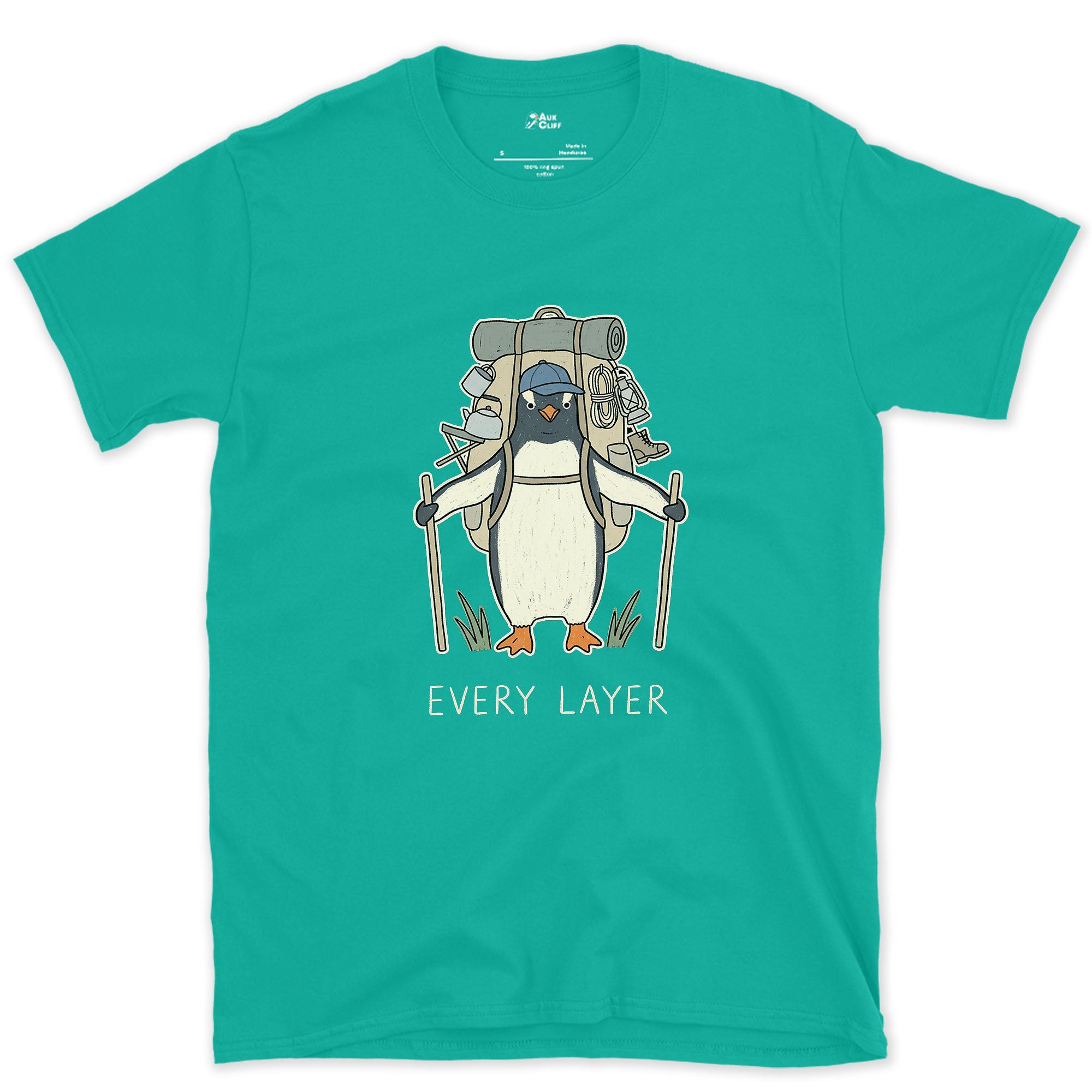 Doesn't Trust the Forecast, Penguin Hiker design on a Jade Dome Gildan Softstyle t-shirt