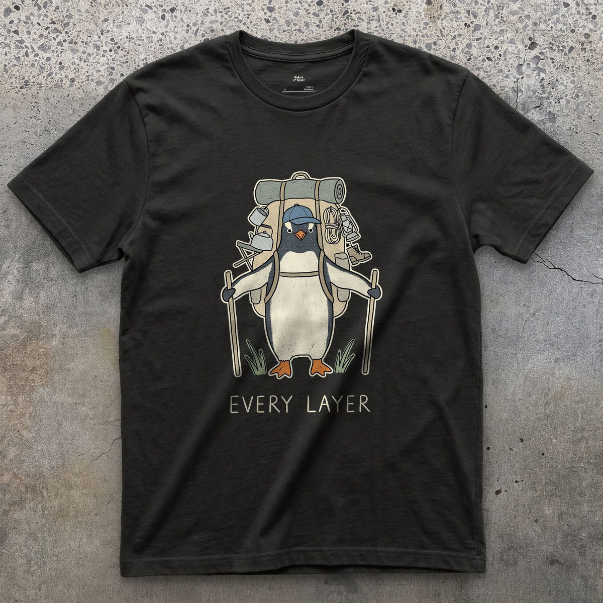 Doesn't Trust the Forecast, Penguin Hiker design on a Black Gildan Softstyle t-shirt