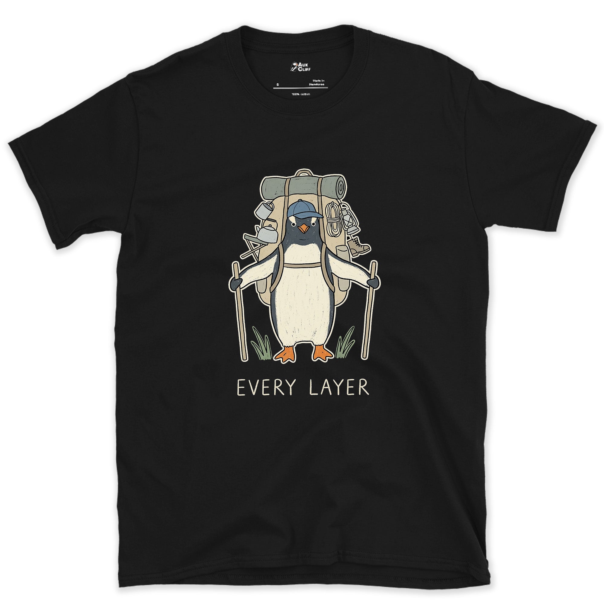 Doesn't Trust the Forecast, Penguin Hiker design on a Black Gildan Softstyle t-shirt