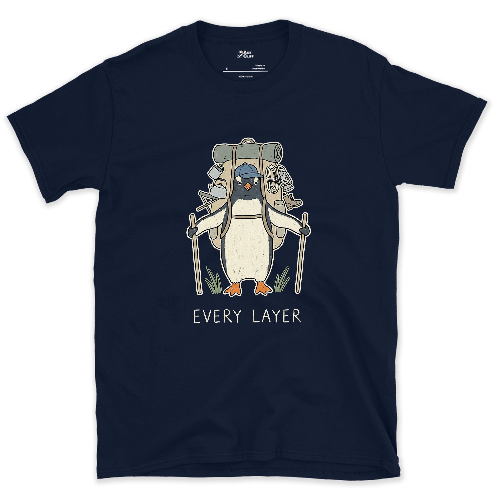 Doesn't Trust the Forecast, Penguin Hiker design on a Navy Gildan Softstyle t-shirt
