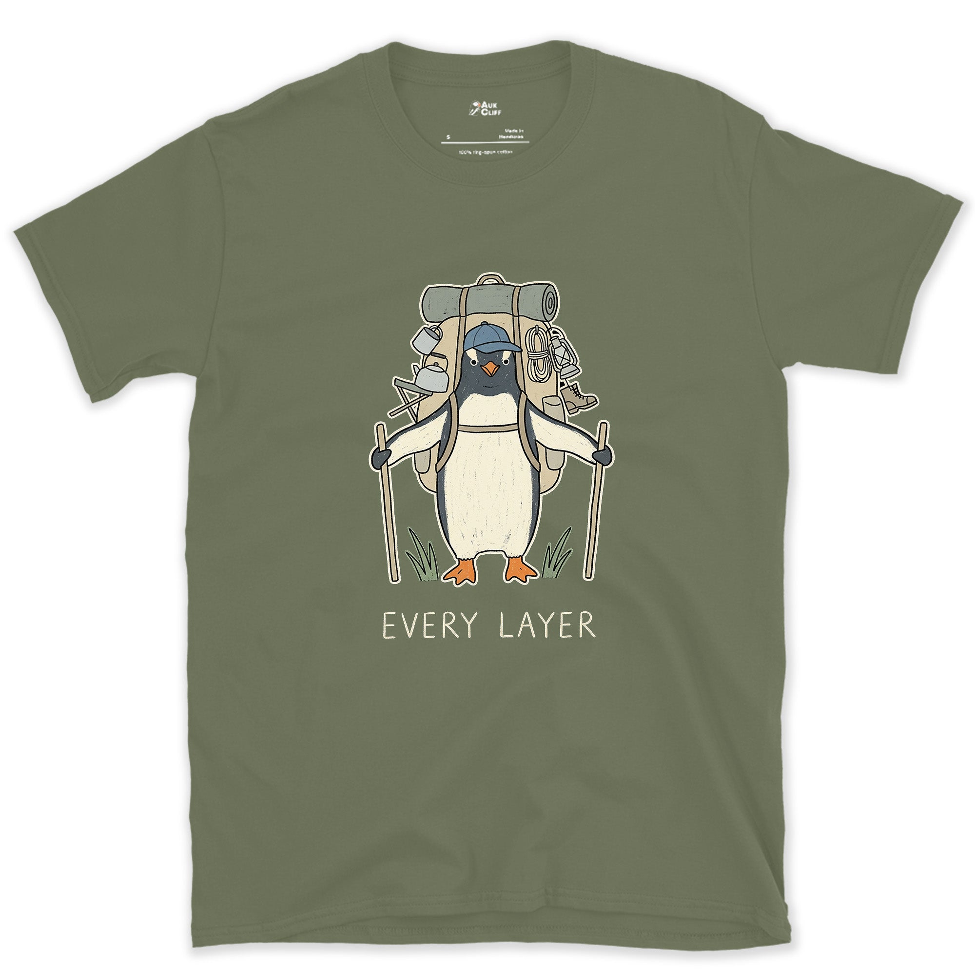 Doesn't Trust the Forecast, Penguin Hiker design on a Military Green Gildan Softstyle t-shirt