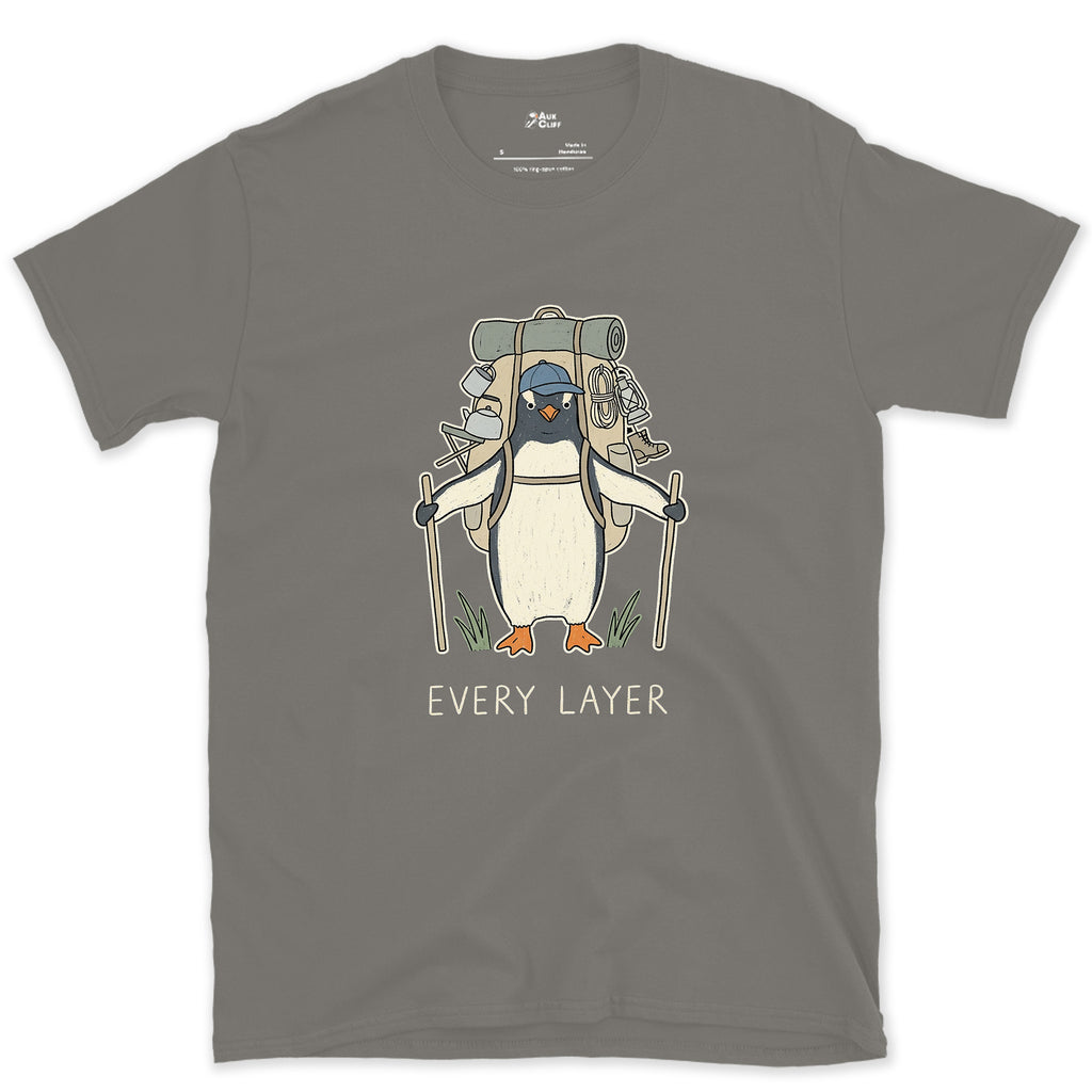 Doesn't Trust the Forecast, Penguin Hiker design on a Charcoal Gildan Softstyle t-shirt