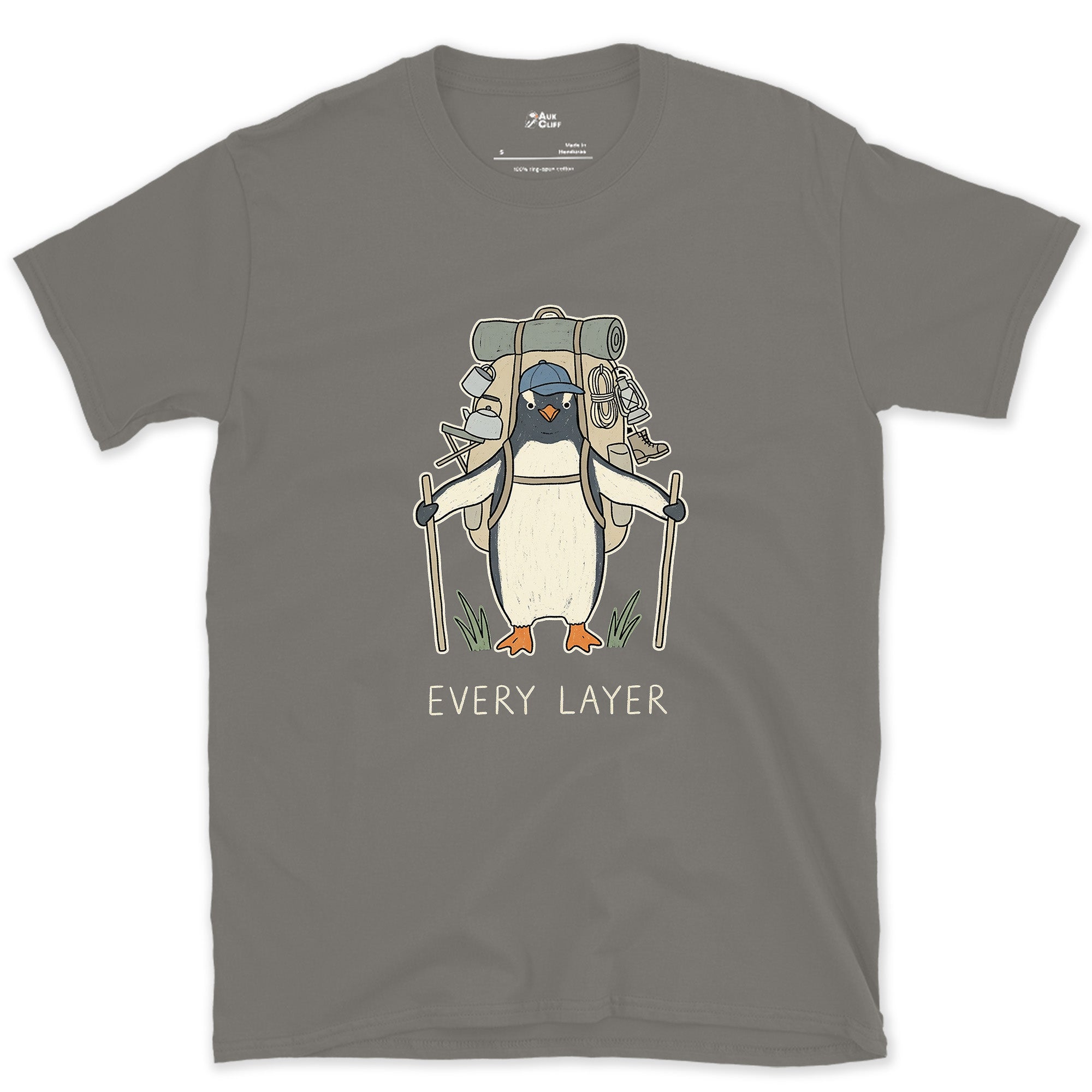 Doesn't Trust the Forecast, Penguin Hiker design on a Charcoal Gildan Softstyle t-shirt