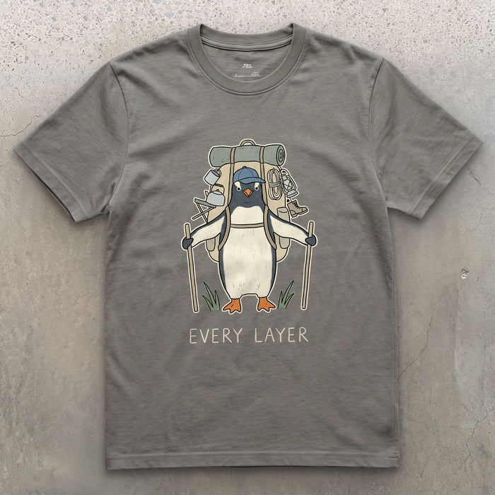 Doesn't Trust the Forecast, Penguin Hiker design on a Charcoal Gildan Softstyle t-shirt