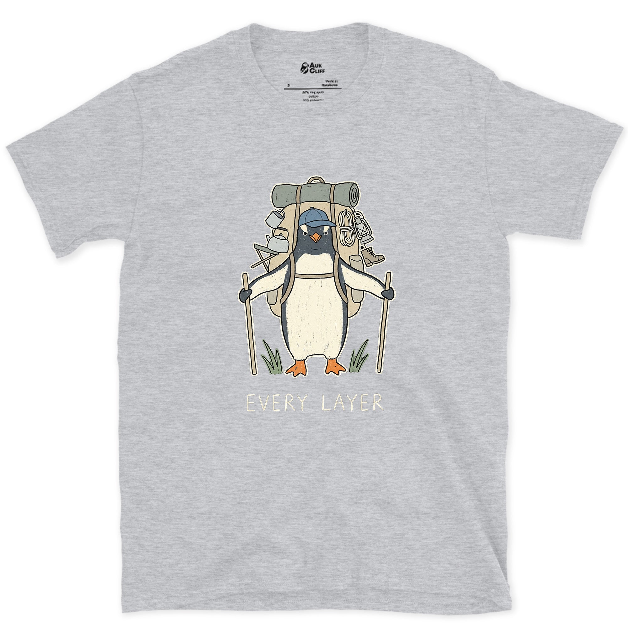 Doesn't Trust the Forecast, Penguin Hiker design on a Sport Grey Gildan Softstyle t-shirt
