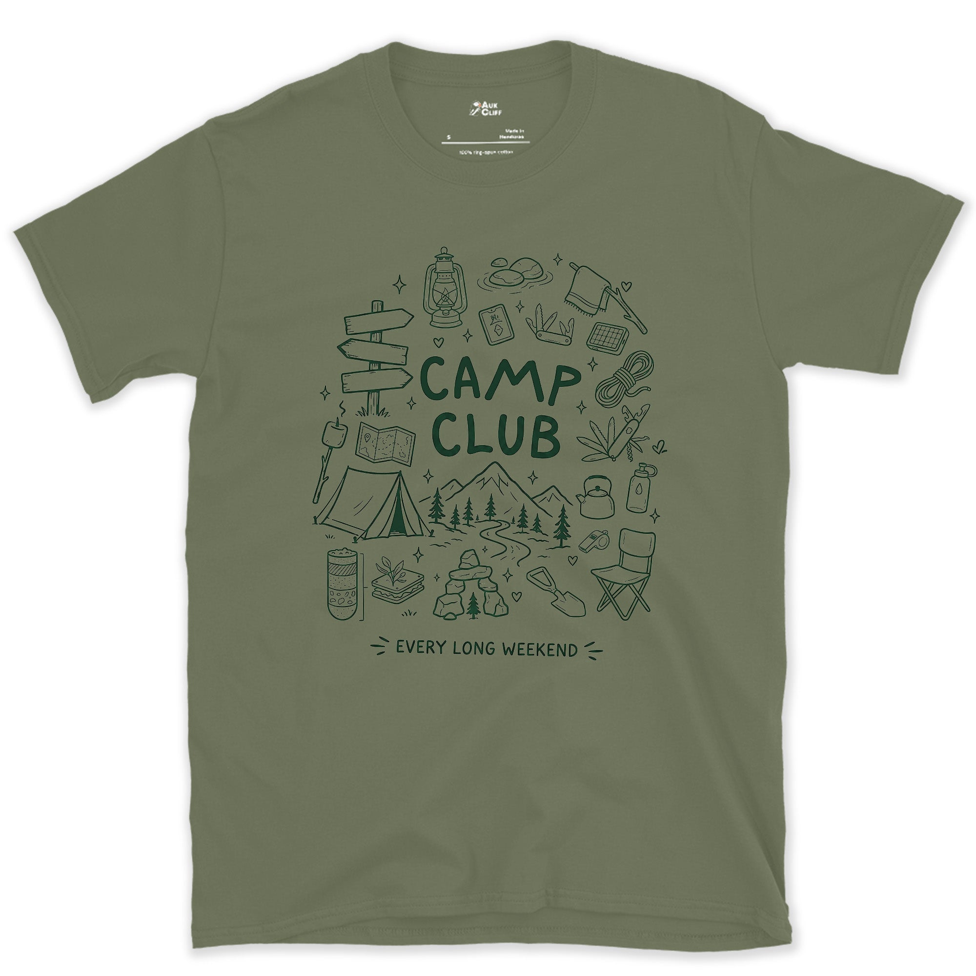 Every Long Weekend, Camp Club design on a Military Green Gildan Softstyle t-shirt