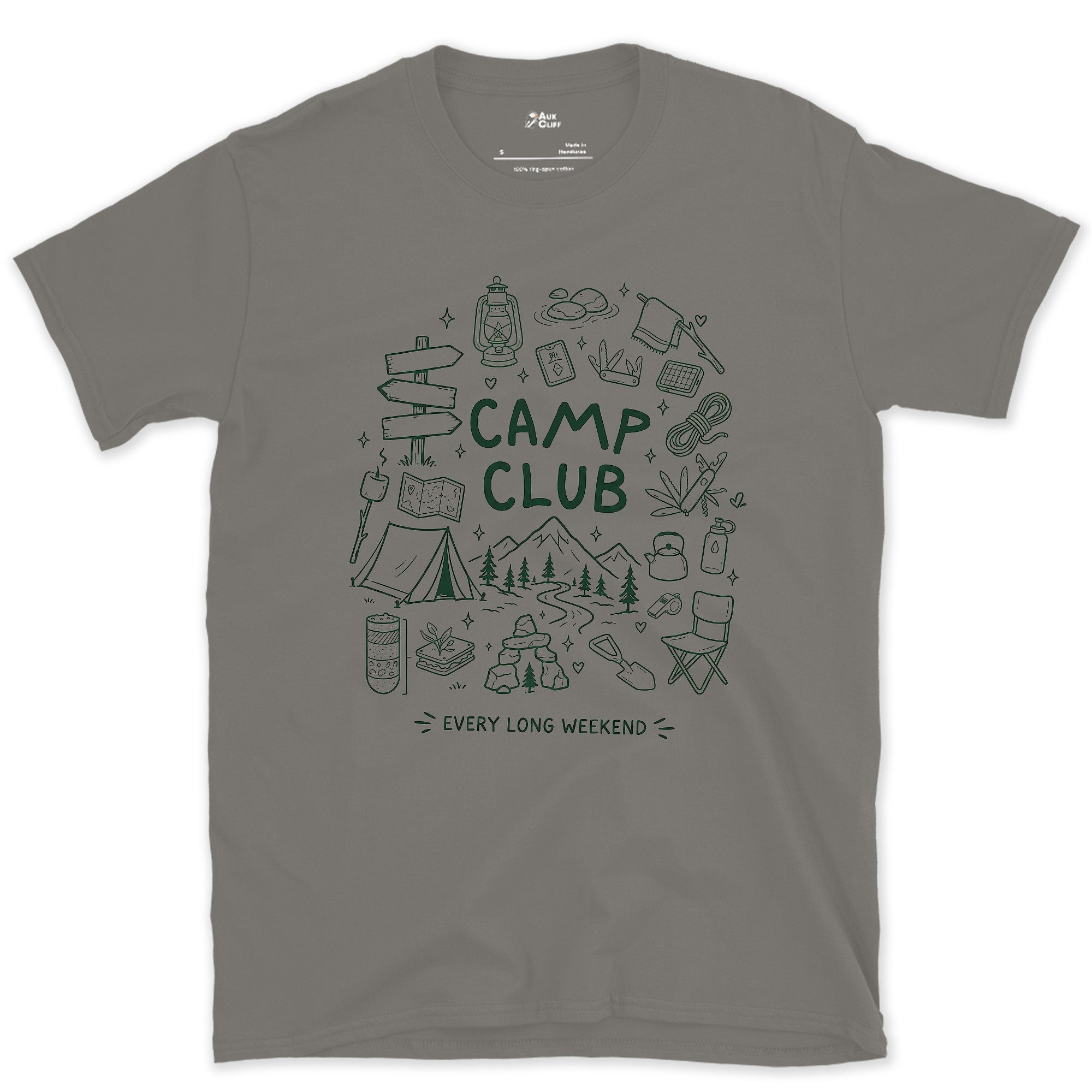 Every Long Weekend, Camp Club design on a Charcoal Gildan Softstyle t-shirt