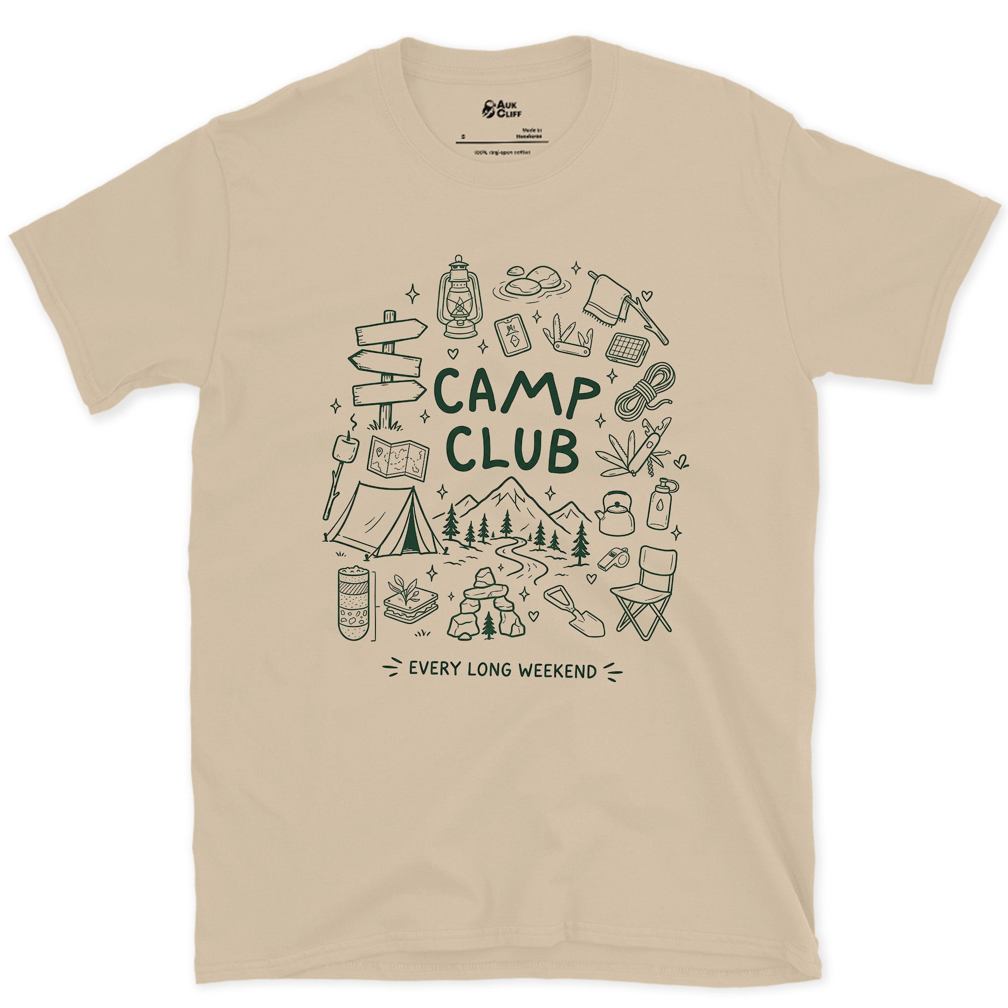 Every Long Weekend, Camp Club design on a Sand Gildan Softstyle t-shirt