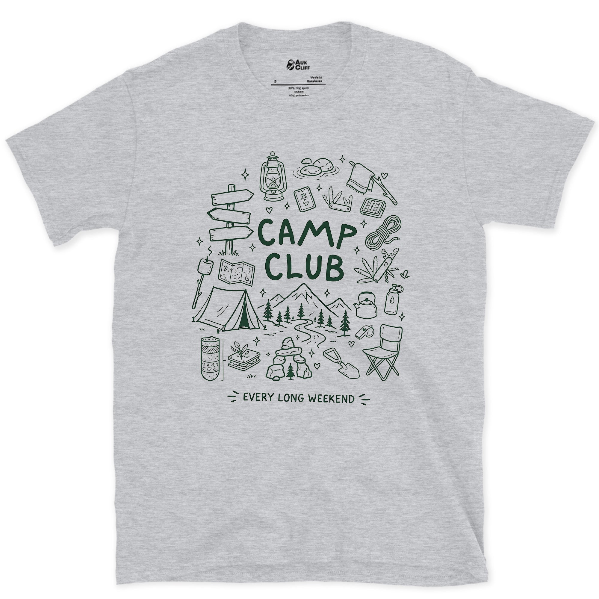 Every Long Weekend, Camp Club design on a Sport Grey Gildan Softstyle t-shirt