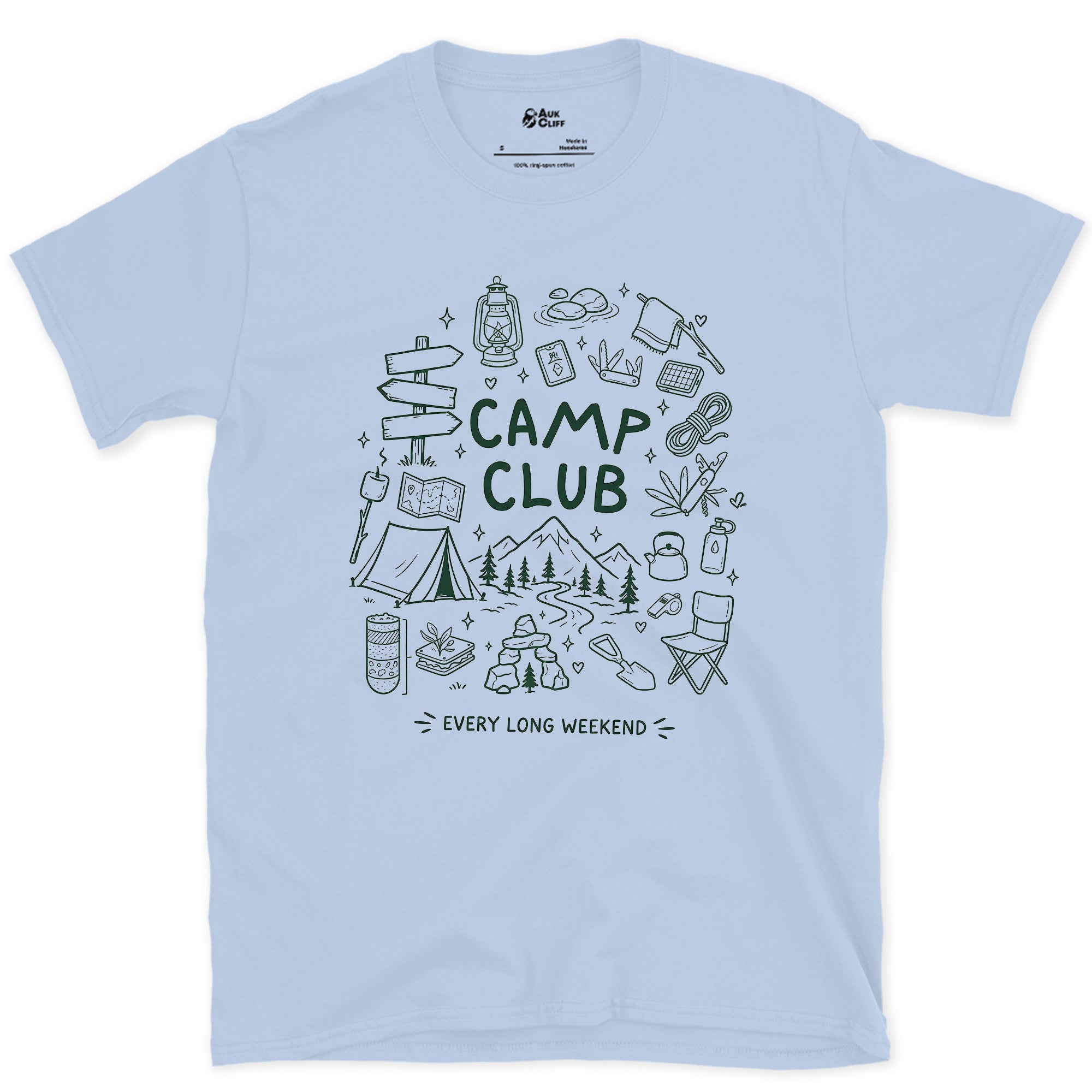 Every Long Weekend, Camp Club design on a Light Blue Gildan Softstyle t-shirt
