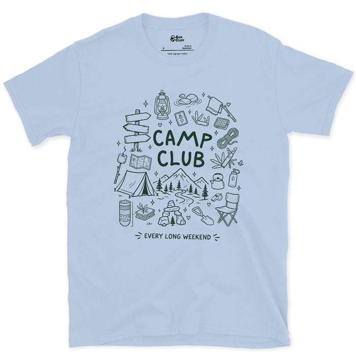 Every Long Weekend, Camp Club design on a Light Blue Gildan Softstyle t-shirt