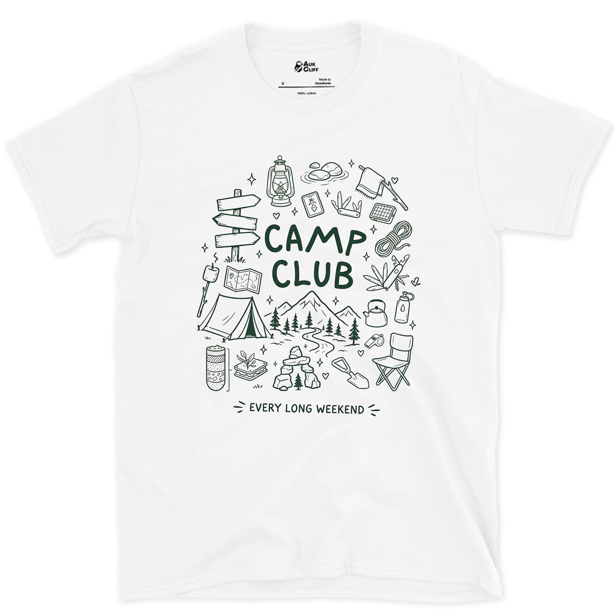 Every Long Weekend, Camp Club design on a White Gildan Softstyle t-shirt