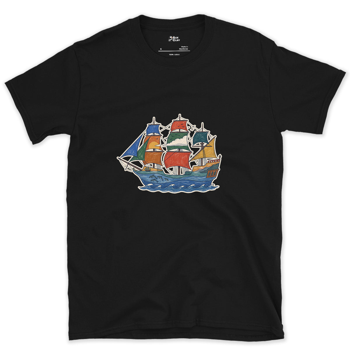 Every Sea It Has Crossed, Galleon design on a Black Gildan Softstyle t-shirt