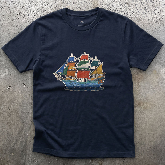 Every Sea It Has Crossed, Galleon design on a Navy Gildan Softstyle t-shirt