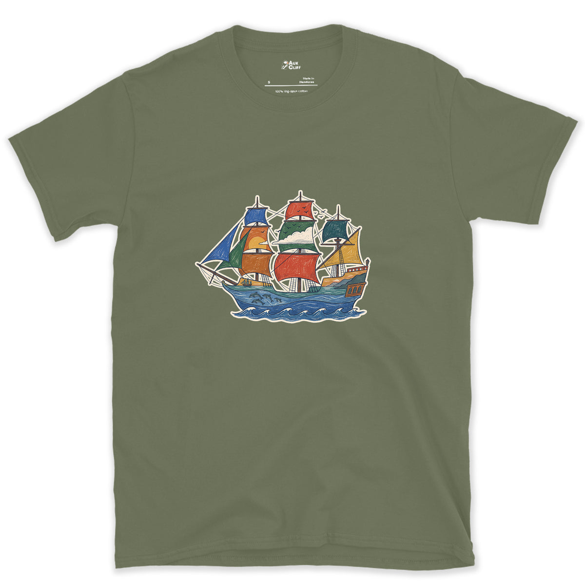 Every Sea It Has Crossed, Galleon design on a Military Green Gildan Softstyle t-shirt