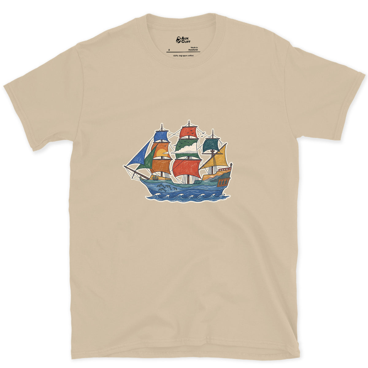 Every Sea It Has Crossed, Galleon design on a Sand Gildan Softstyle t-shirt