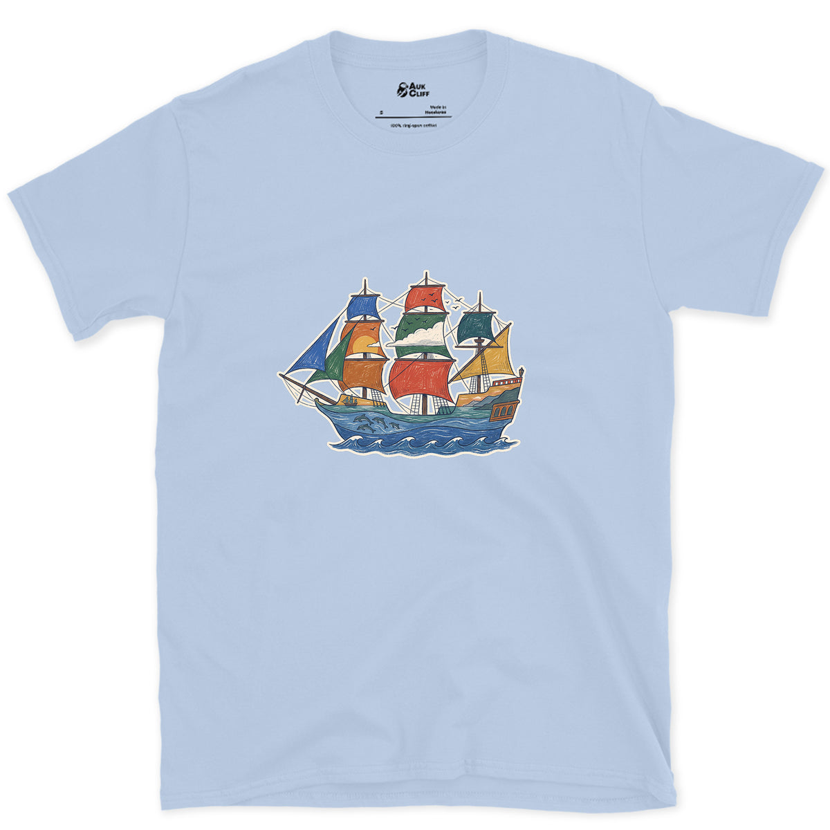Every Sea It Has Crossed, Galleon design on a Light Blue Gildan Softstyle t-shirt