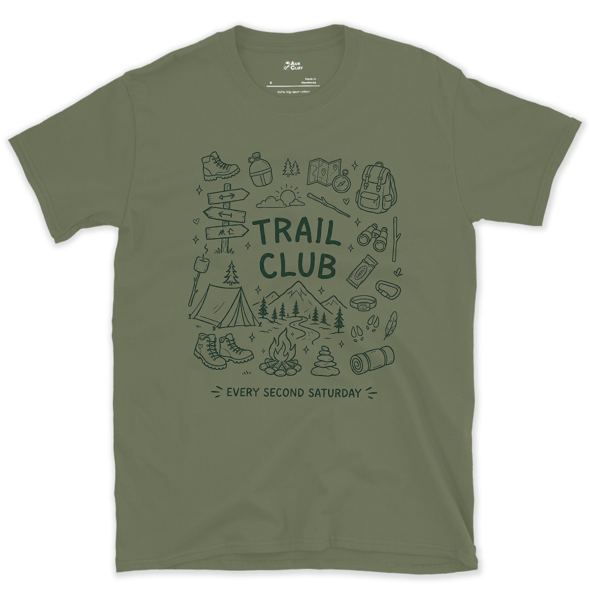 Every Second Saturday, Trail Club design on a Military Green Gildan Softstyle t-shirt