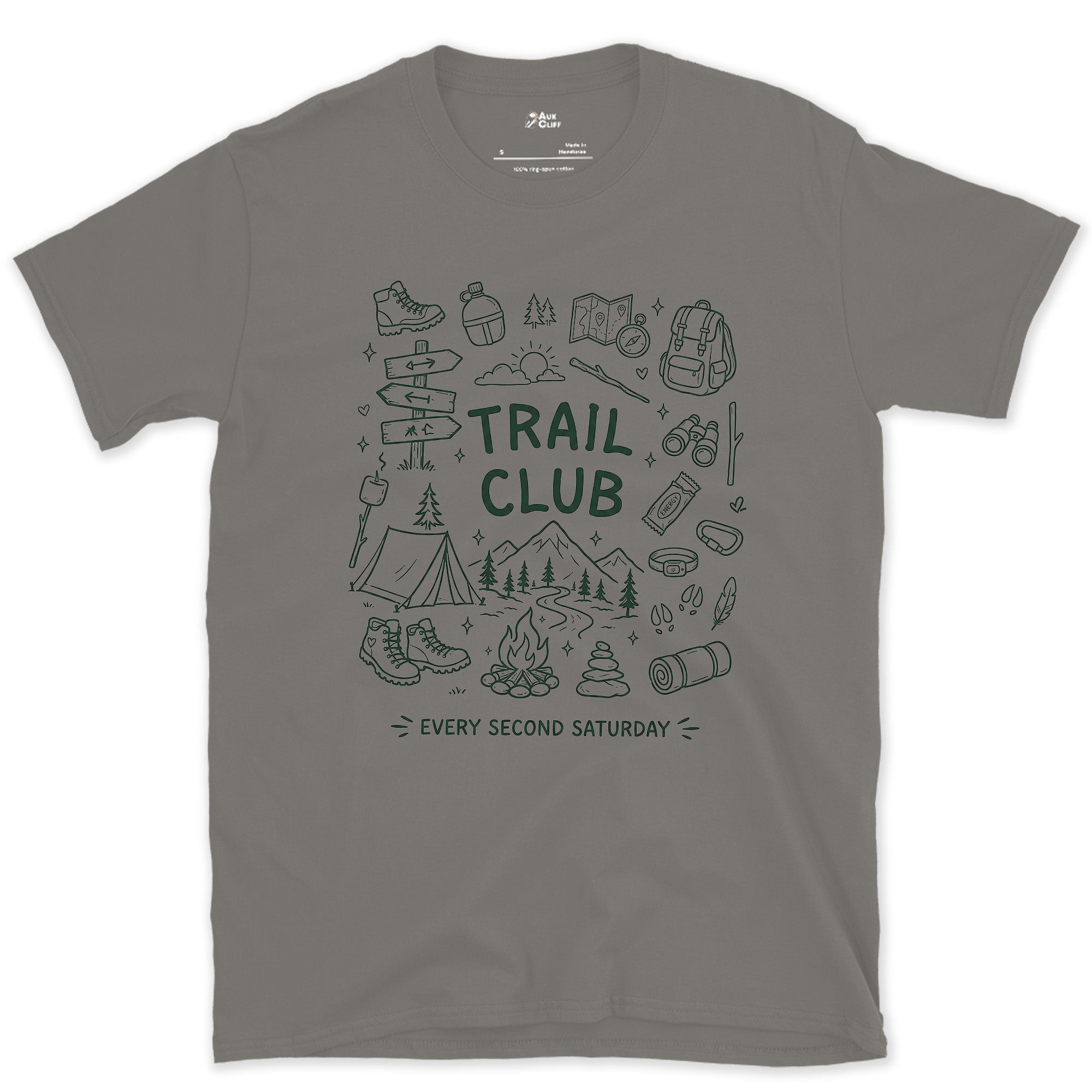 Every Second Saturday, Trail Club design on a Charcoal Gildan Softstyle t-shirt