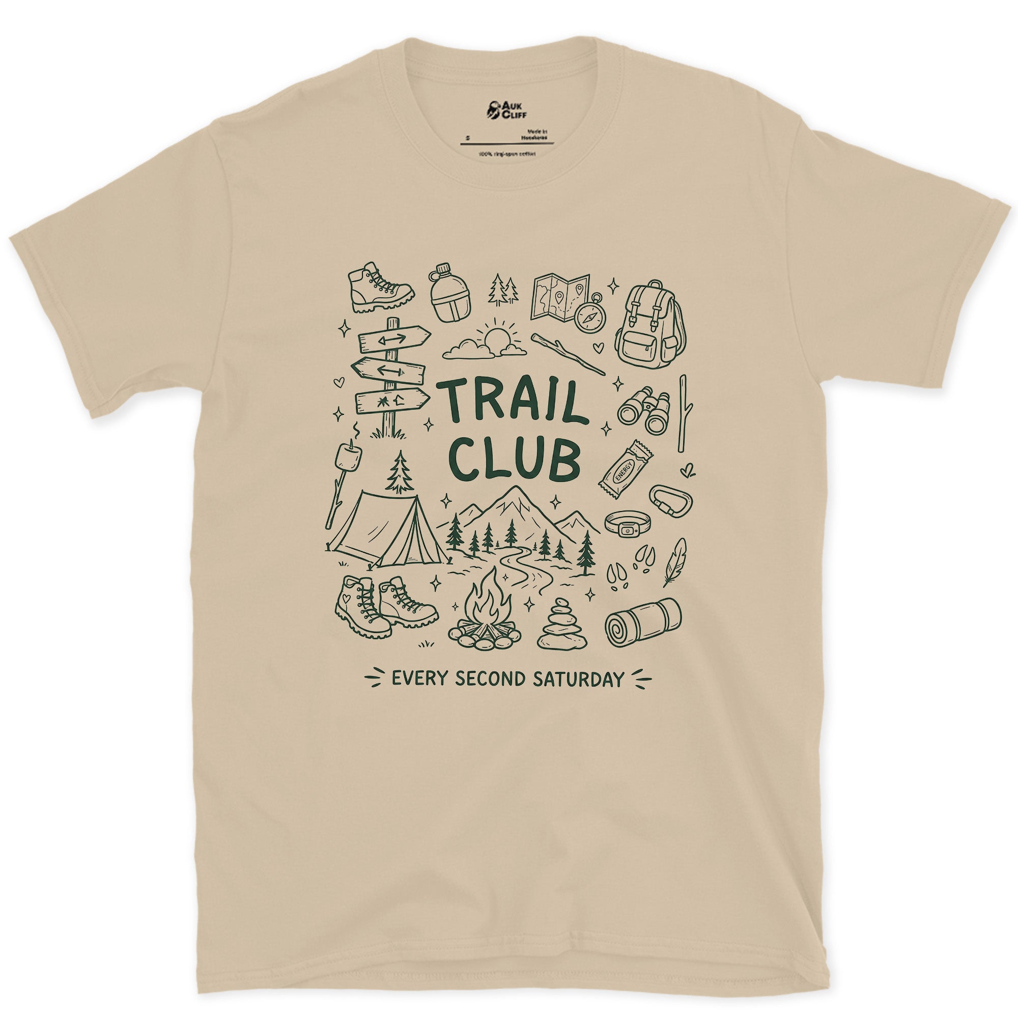 Every Second Saturday, Trail Club design on a Sand Gildan Softstyle t-shirt