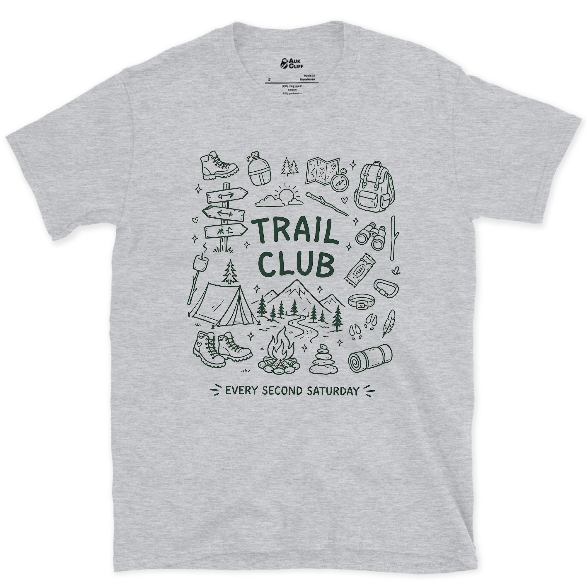 Every Second Saturday, Trail Club design on a Sport Grey Gildan Softstyle t-shirt