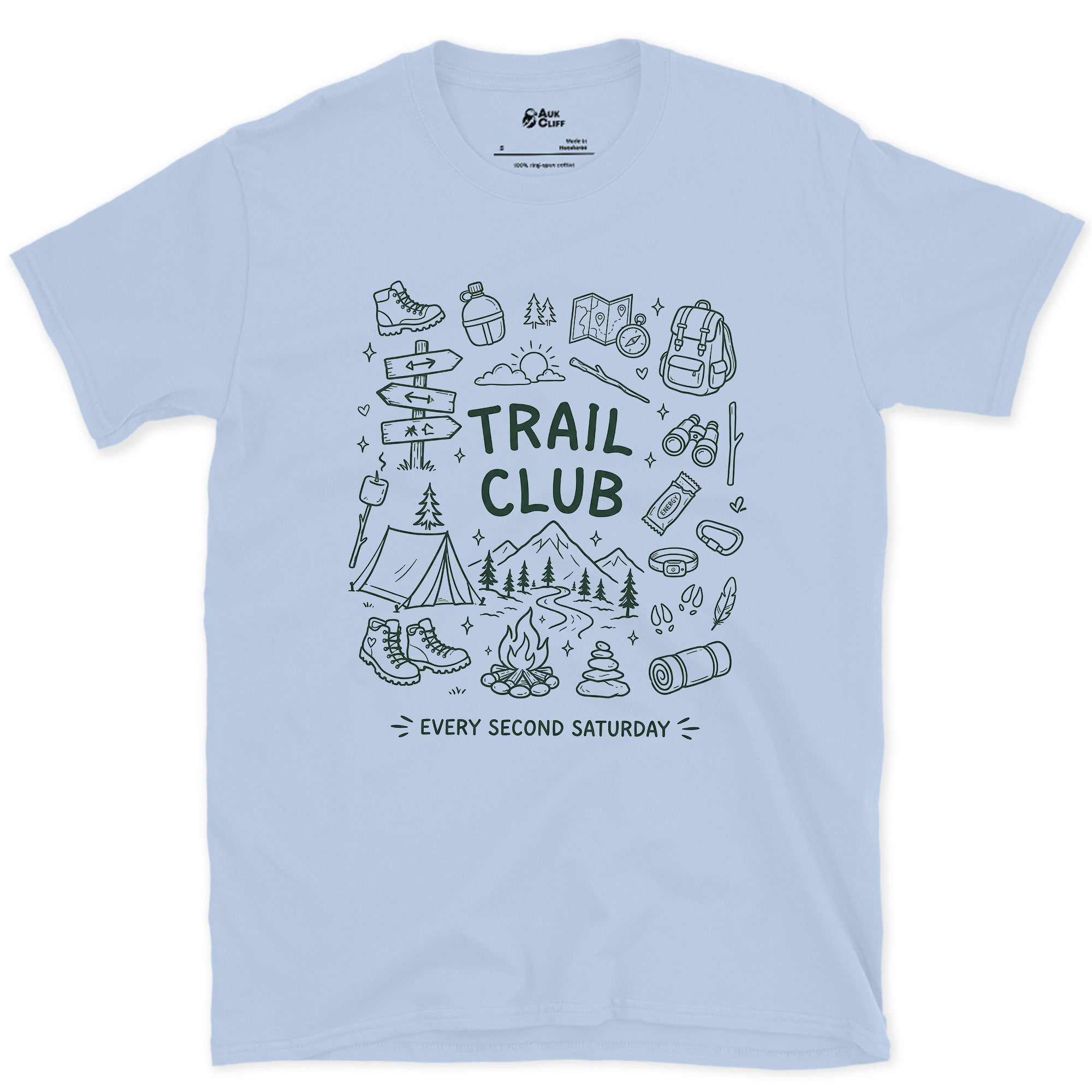 Every Second Saturday, Trail Club design on a Light Blue Gildan Softstyle t-shirt