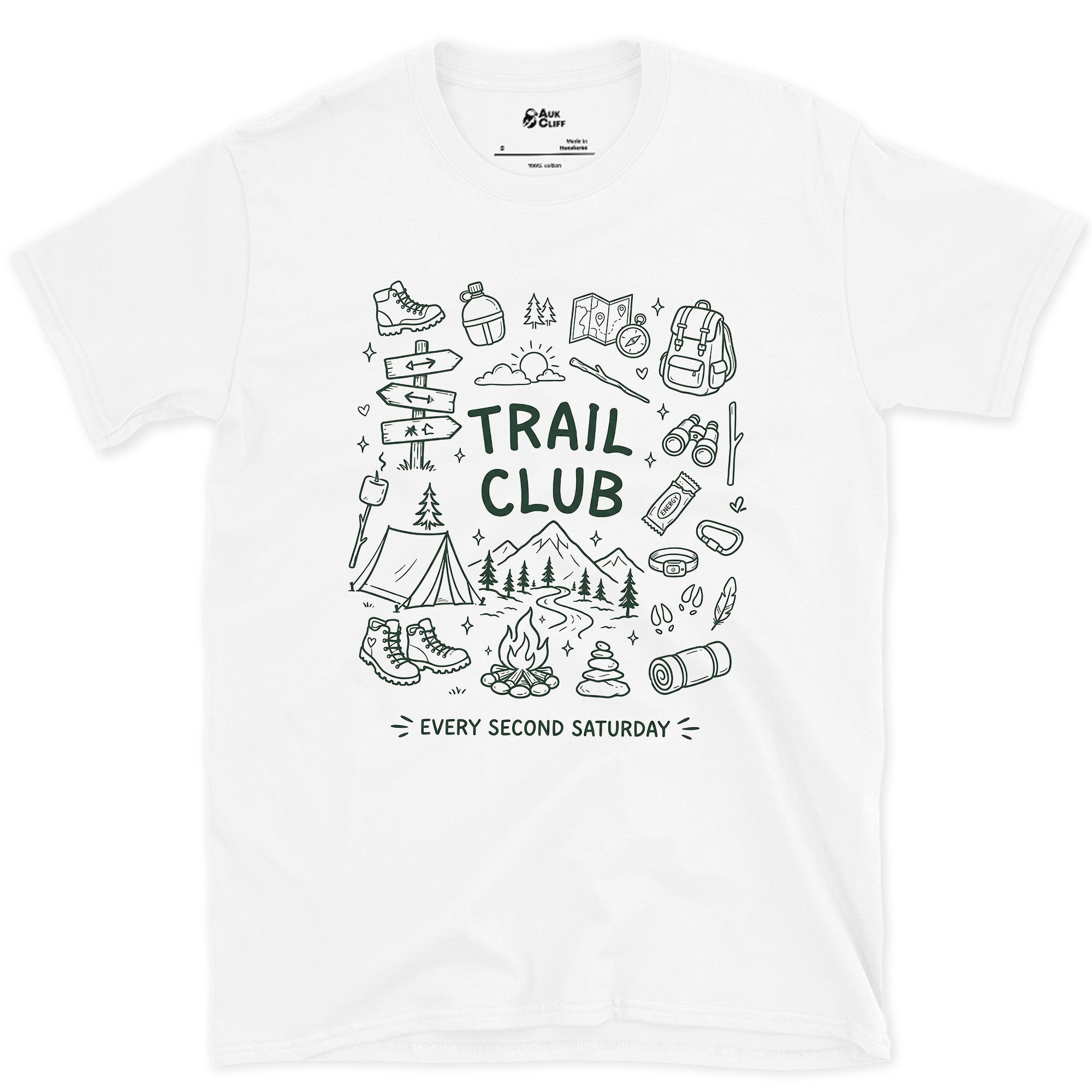 Every Second Saturday, Trail Club design on a White Gildan Softstyle t-shirt