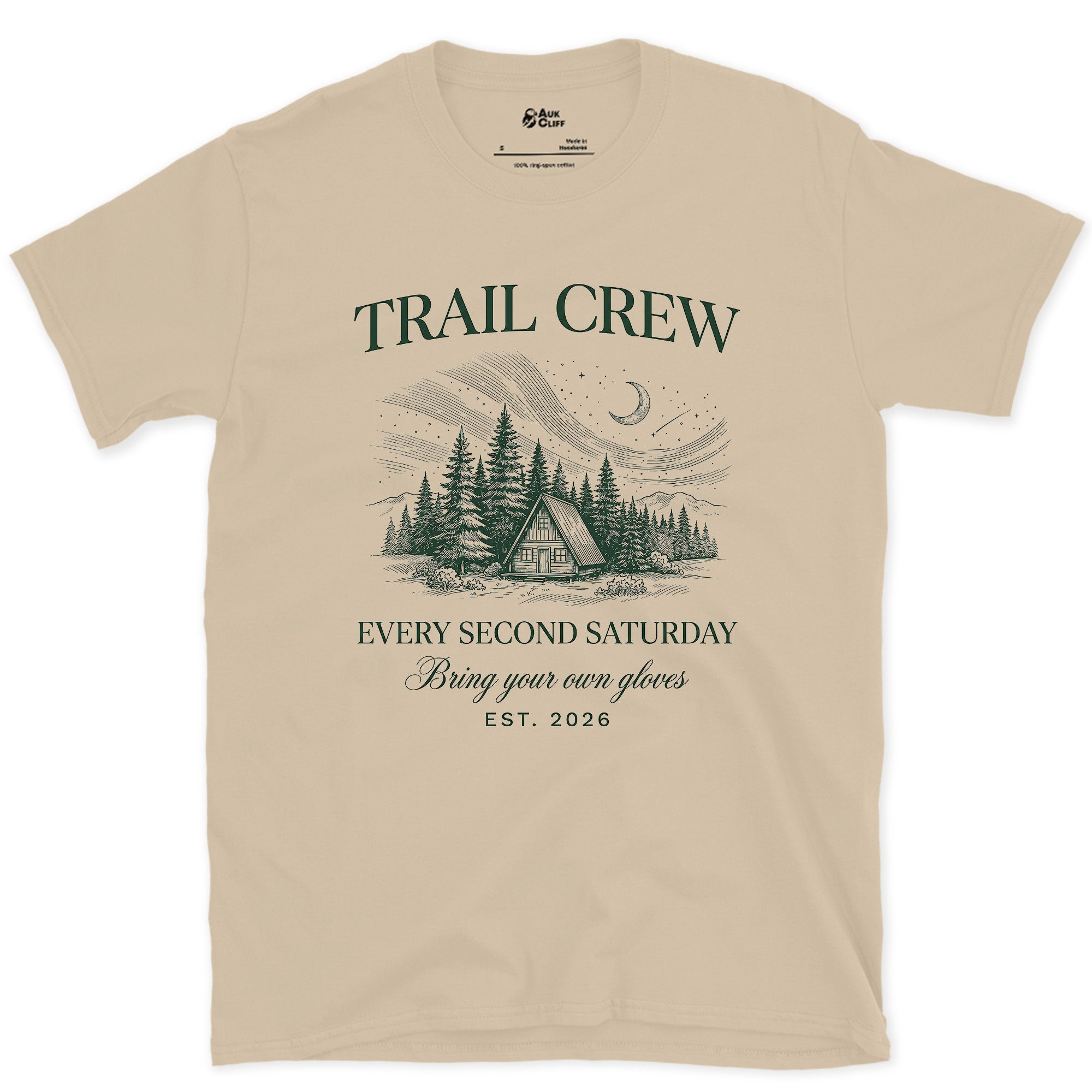 Trail Crew, Every Second Saturday, Bring Your Own Gloves design on a Sand Gildan Softstyle t-shirt