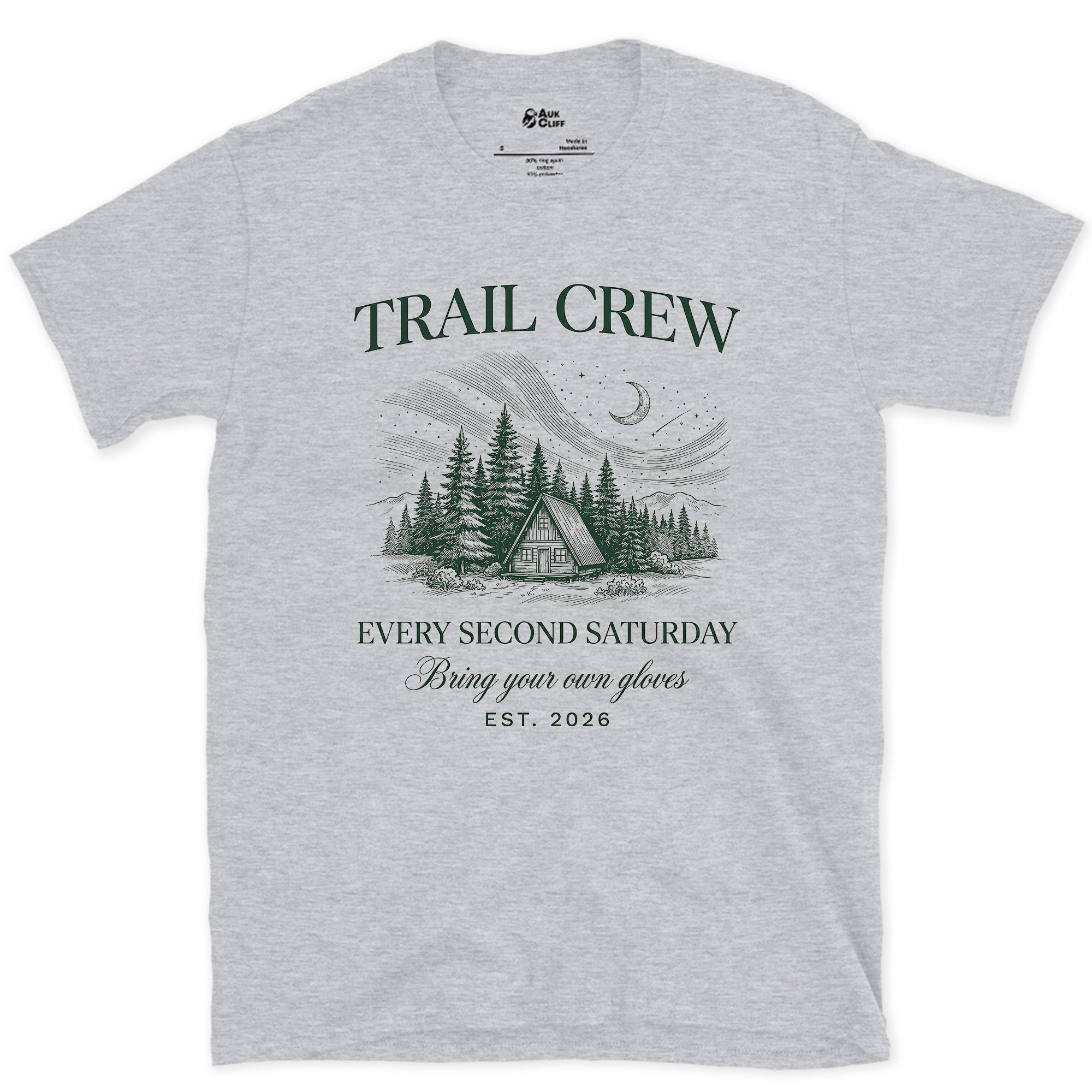 Trail Crew, Every Second Saturday, Bring Your Own Gloves design on a Sport Grey Gildan Softstyle t-shirt
