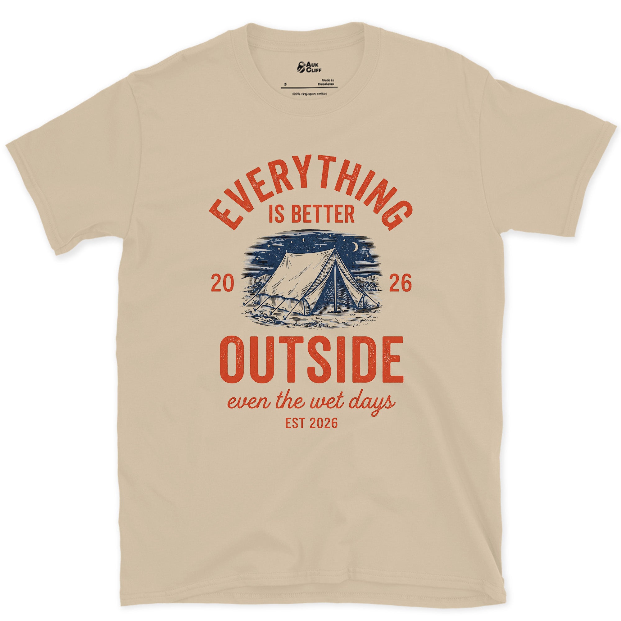 Everything Is Better Outside, Even the Wet Days design on a Sand Gildan Softstyle t-shirt