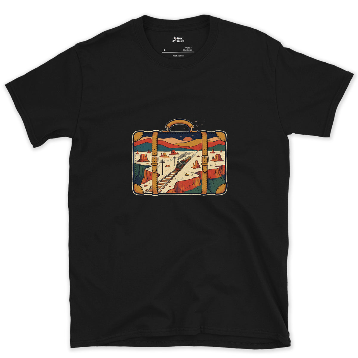 Everywhere It Has Been, Leather Suitcase design on a Black Gildan Softstyle t-shirt