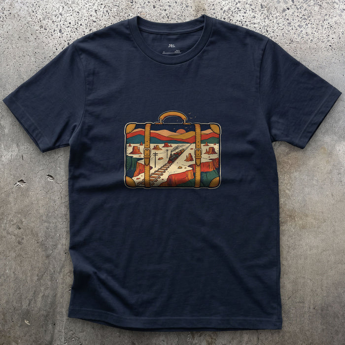 Everywhere It Has Been, Leather Suitcase design on a Navy Gildan Softstyle t-shirt