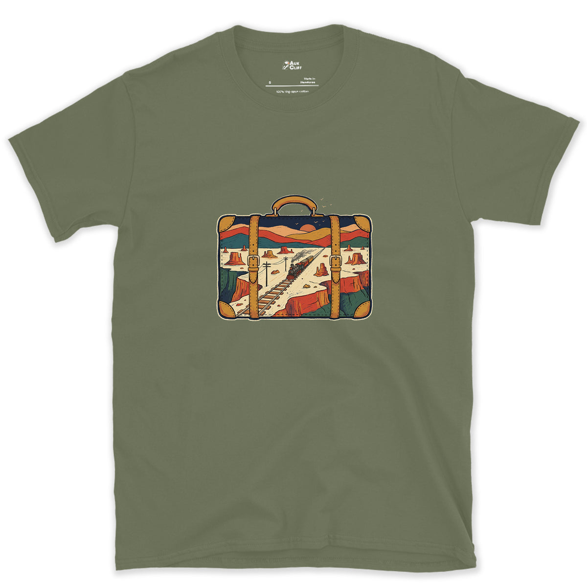 Everywhere It Has Been, Leather Suitcase design on a Military Green Gildan Softstyle t-shirt