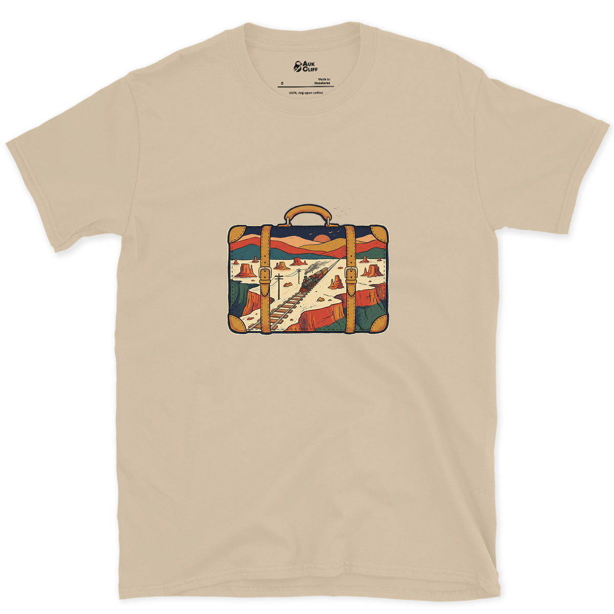 Everywhere It Has Been, Leather Suitcase design on a Sand Gildan Softstyle t-shirt