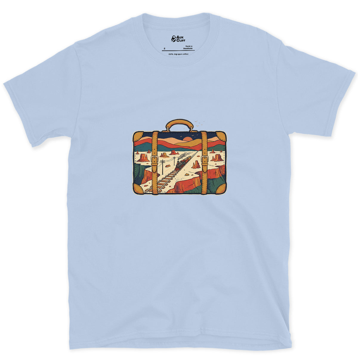Everywhere It Has Been, Leather Suitcase design on a Light Blue Gildan Softstyle t-shirt