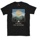 Explore the Mountains, Deer at Dusk design on a Black Gildan Softstyle t-shirt
