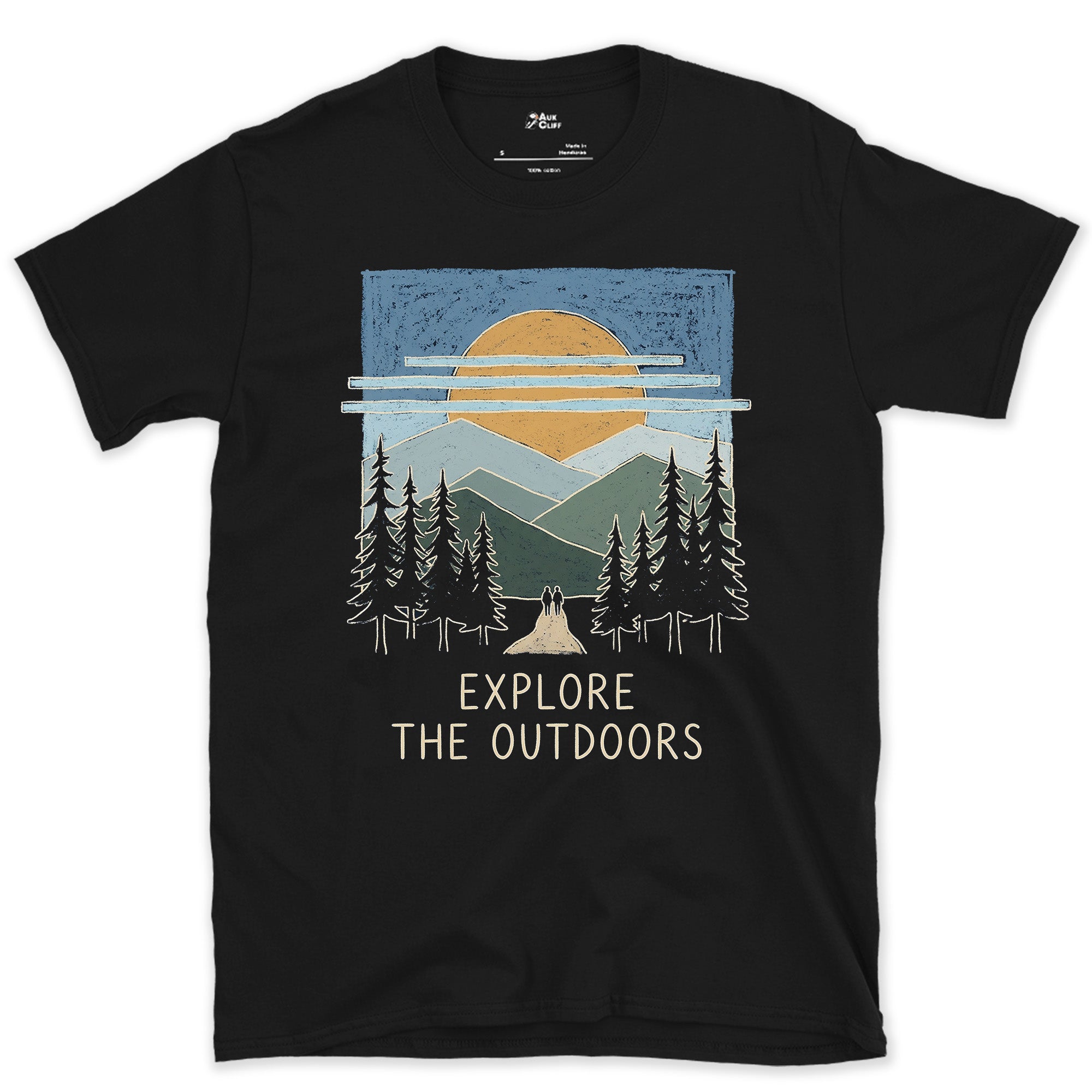 Explore the Mountains, Deer at Dusk design on a Black Gildan Softstyle t-shirt