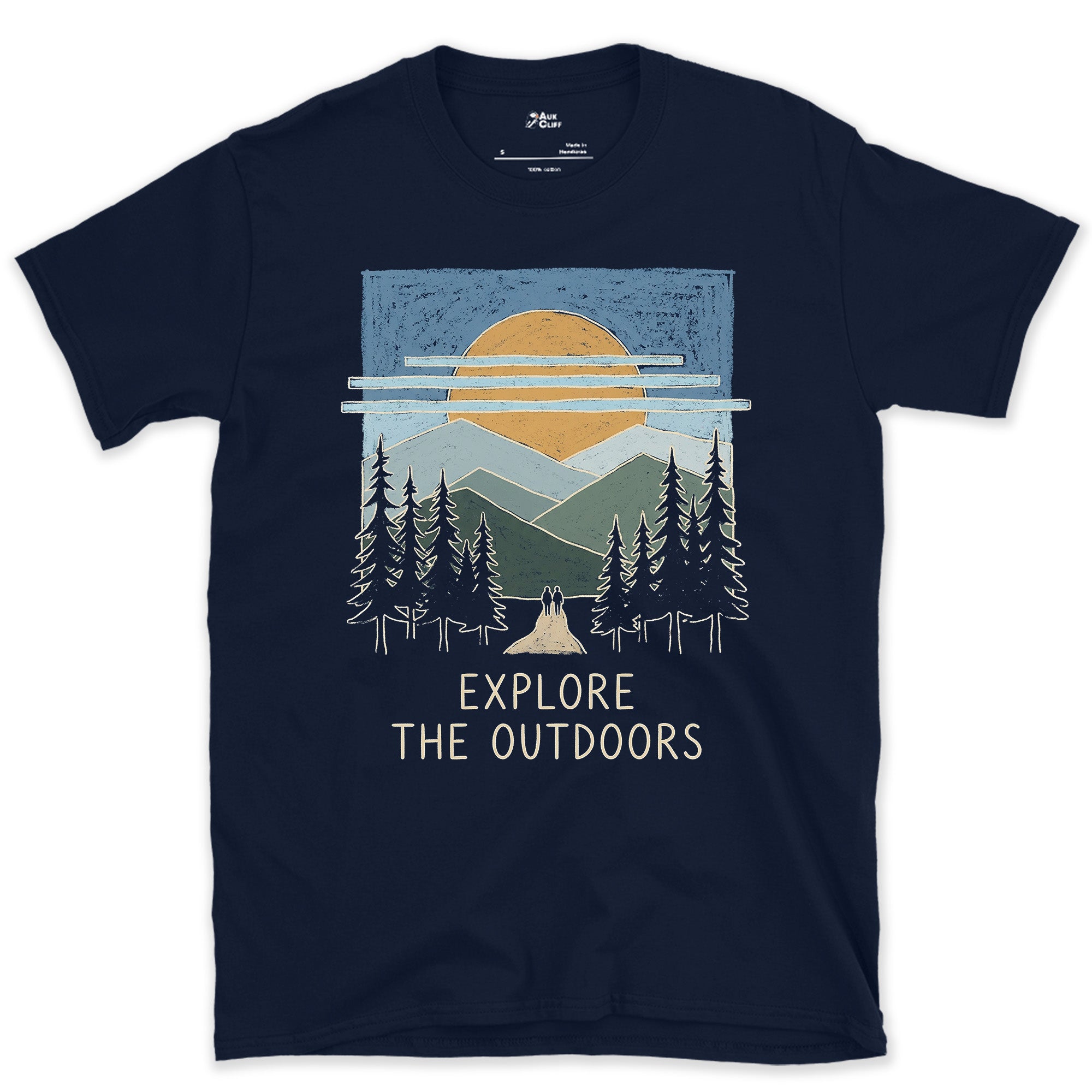 Explore the Mountains, Deer at Dusk design on a Navy Gildan Softstyle t-shirt