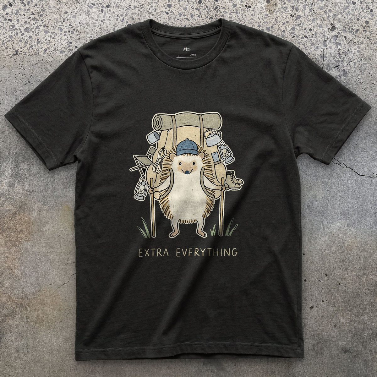 Never Packs Light, Hedgehog Hiker design on a Black Gildan Softstyle t-shirt