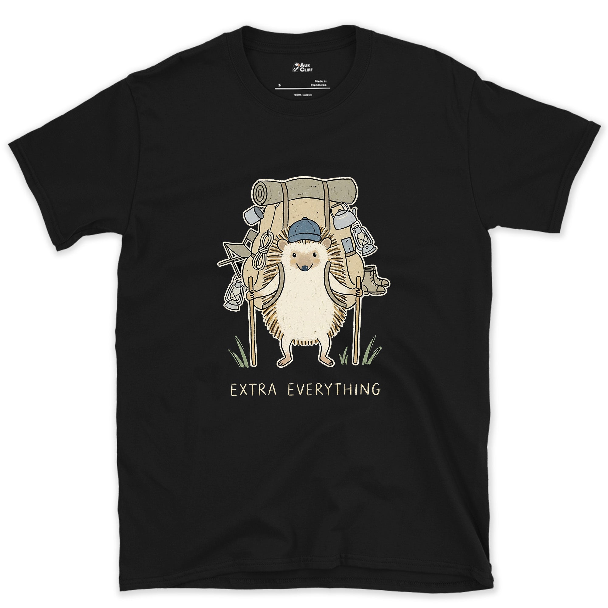 Never Packs Light, Hedgehog Hiker design on a Black Gildan Softstyle t-shirt