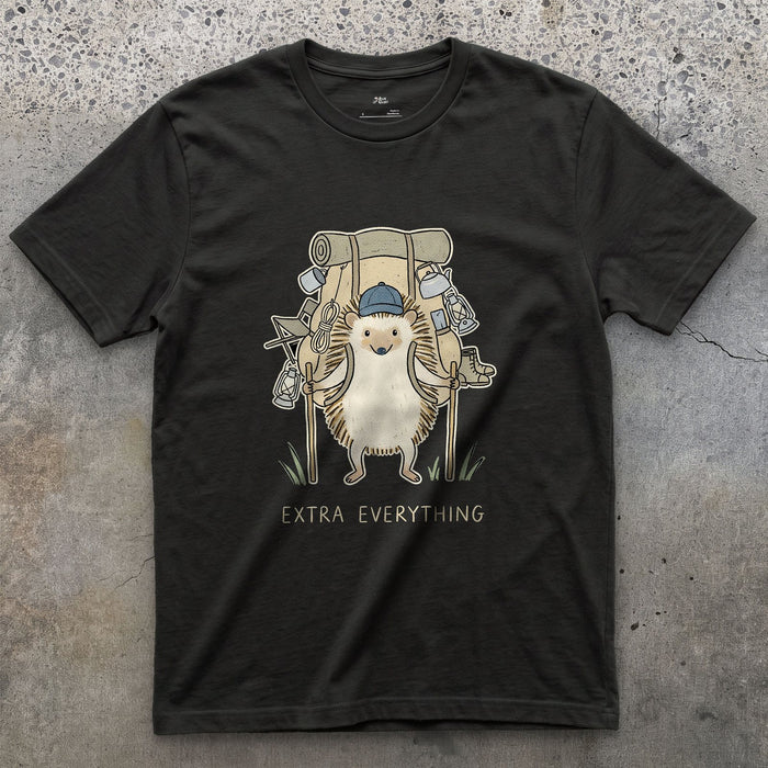 Never Packs Light, Hedgehog Hiker design on a Black Gildan Softstyle t-shirt