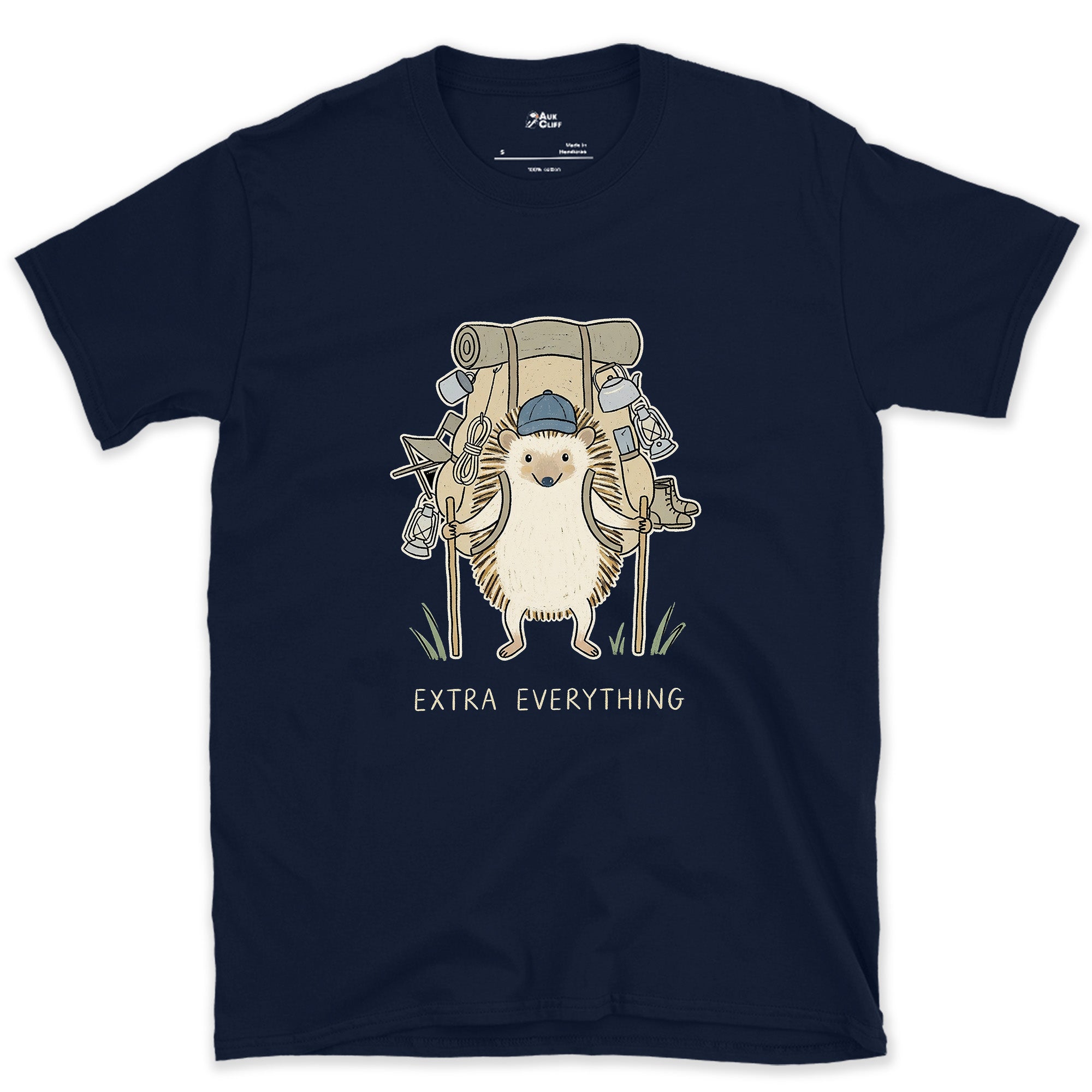 Never Packs Light, Hedgehog Hiker design on a Navy Gildan Softstyle t-shirt