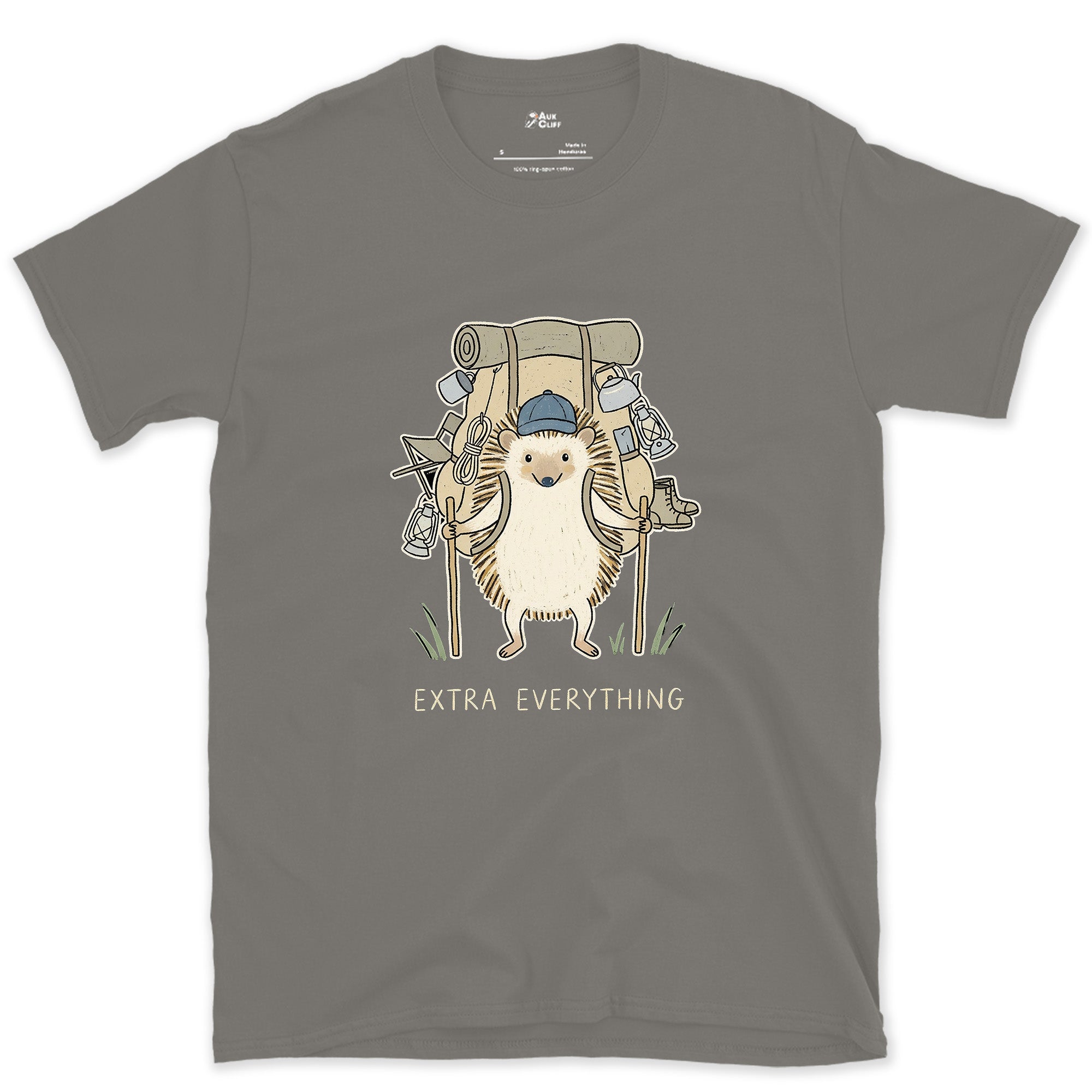 Never Packs Light, Hedgehog Hiker design on a Charcoal Gildan Softstyle t-shirt