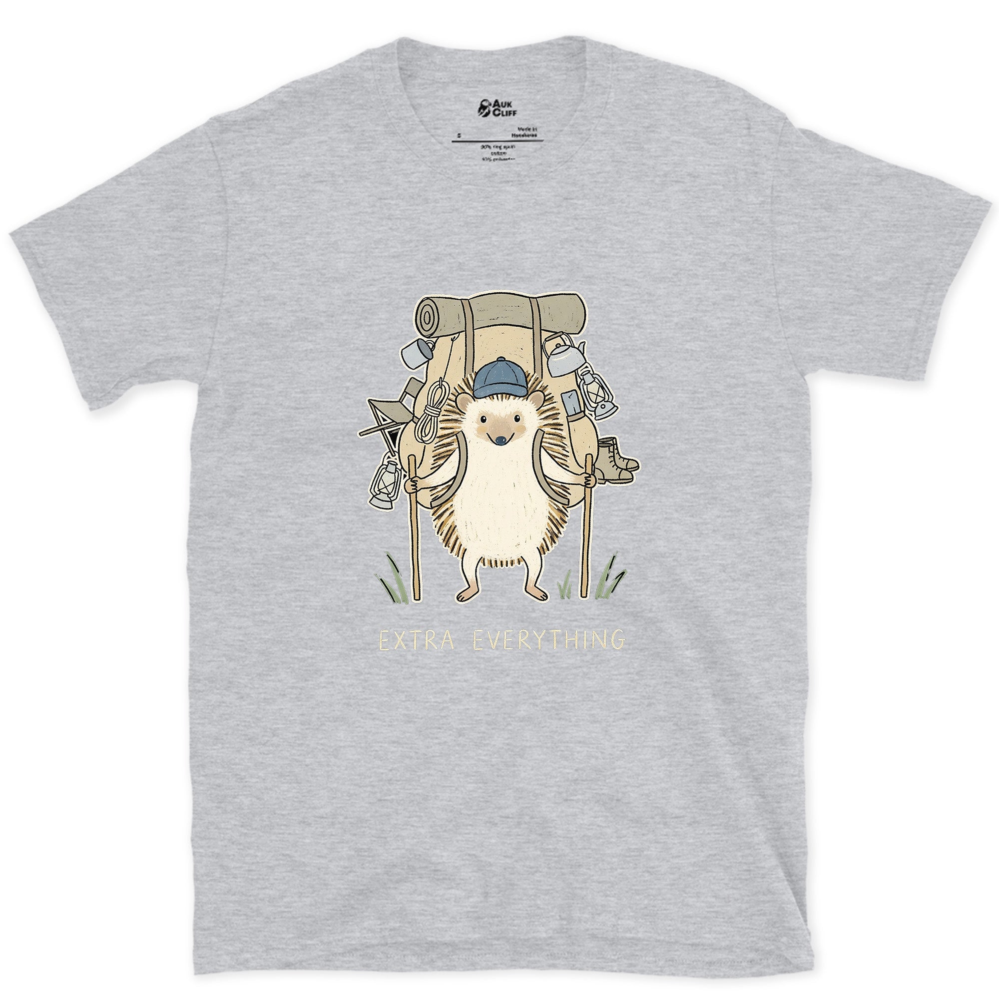 Never Packs Light, Hedgehog Hiker design on a Sport Grey Gildan Softstyle t-shirt
