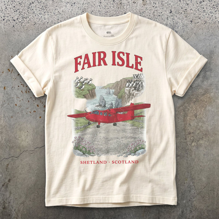 Fair Isle Bush Plane design on a Natural Gildan Softstyle t-shirt